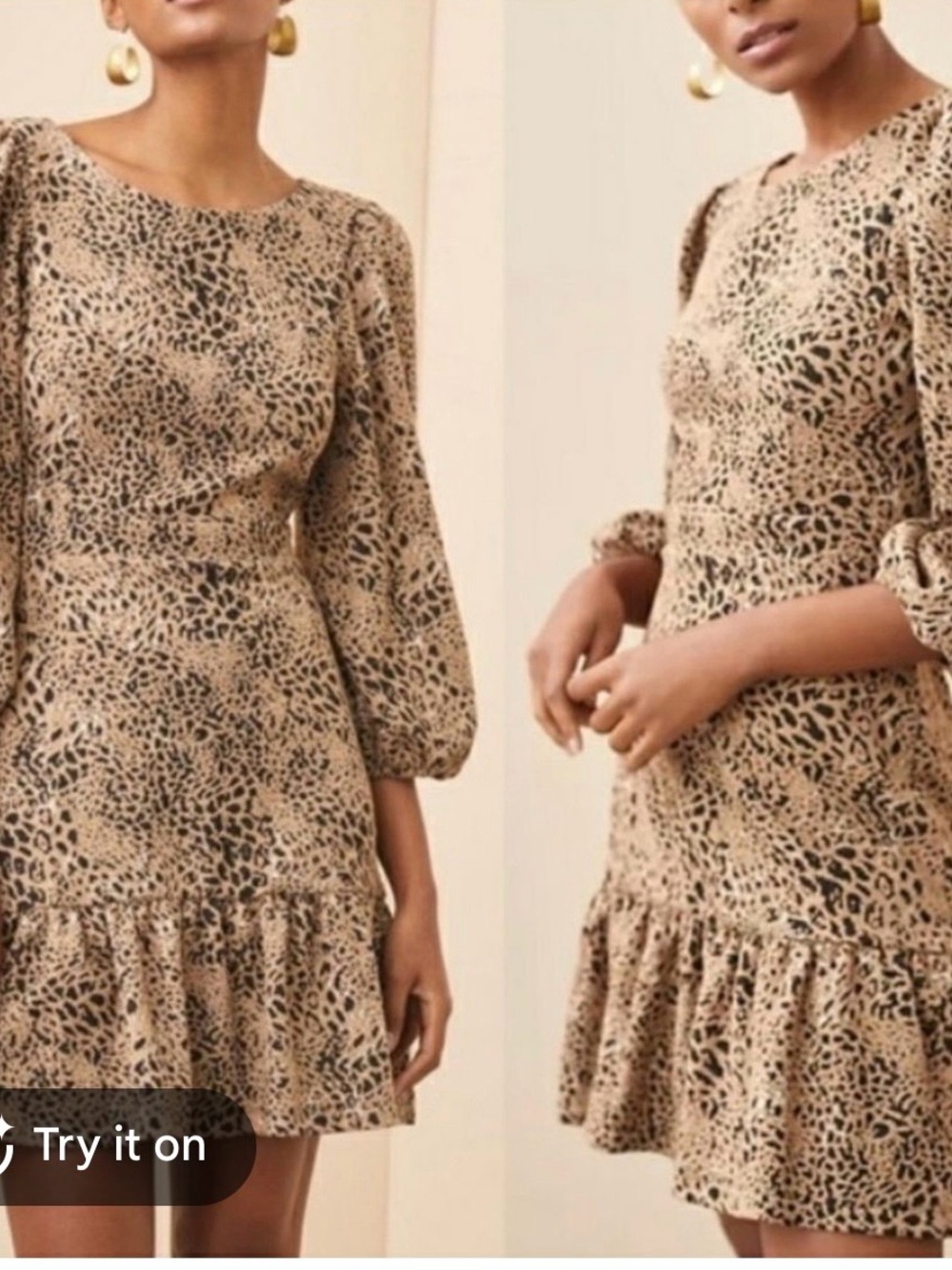 Maeve Tan and Black Leopard-Print Backless Puff-Sleeve Mini Dress